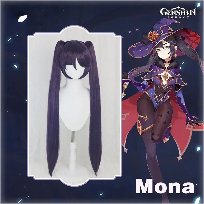 2024 Game Genshin Impact Mona Megistus Cosplay Wig Astral Reflection 90cm Purple Twin Tail Wig