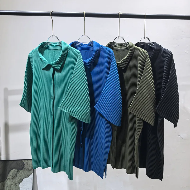 

Miyake плиссированная мужская одежда в японском стиле, повседневная рубашка с воротником, футболка с коротким рукавом, свободный крой, модный топ большого размера