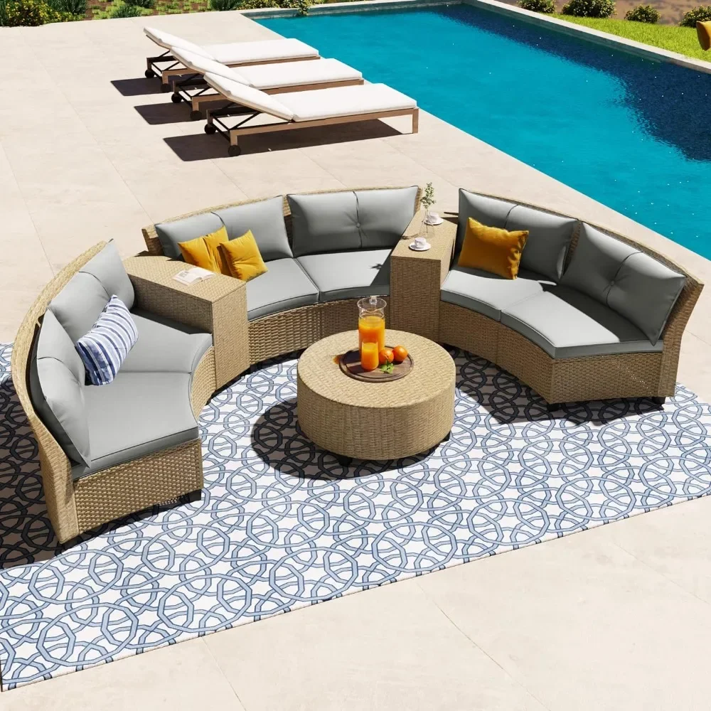 

Outdoor 9 Pieces Patio Furniture Half Moon Wicker Sofa Sets Outdoor Table Chair Set of Garden Furniture Brown Rattan Living Room