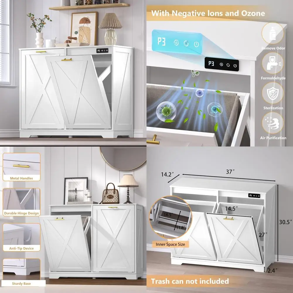 

Double Bin Wooden Tilt-Out Trash Cabinet with Odor Control and Hidden Recycling Enclosure for Neat Home Organization