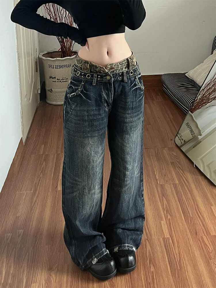 

plus Size American Leopard Print Patchwork Design Double Waist High Waist Straight Leg Wide Leg Jeans Women's Luxury Autumn W...