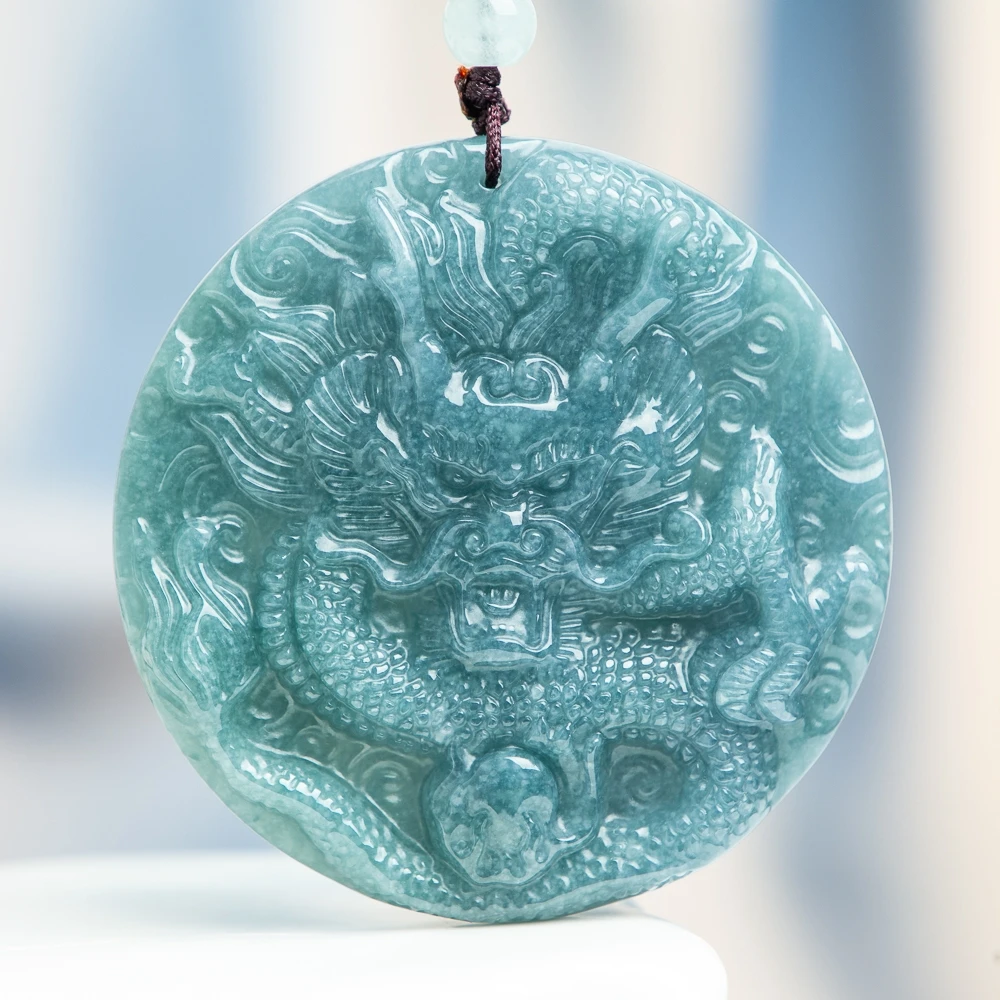 

TIMESWIND Natural A-type Jade Zodiac Dragon King Playing Bead Carved Round Blue Pendant Men Necklace with Certificate