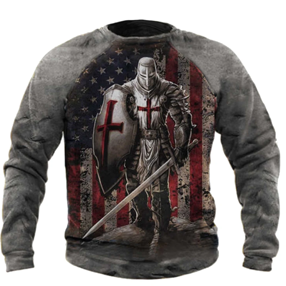 Vintage T-Shirts Men\'s Cotton Long Sleeved T Shirt Crusader Knight Graphic Tops 5xl 3d Print Tee Casual O Neck Oversized Clothes