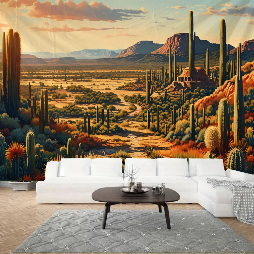 

Western Desert Wall Hanging Tapestry Cactus Oil Painting Background Poster, Home Dormitory Studio Fabric Decoration Mural