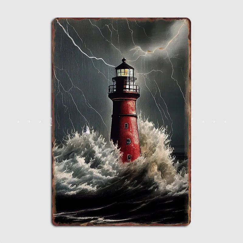A lonely lighthouse in the storm Poster Retro Metal Custom Posters Sign Garage Club Indoor Wall Room Decoration Home Decor