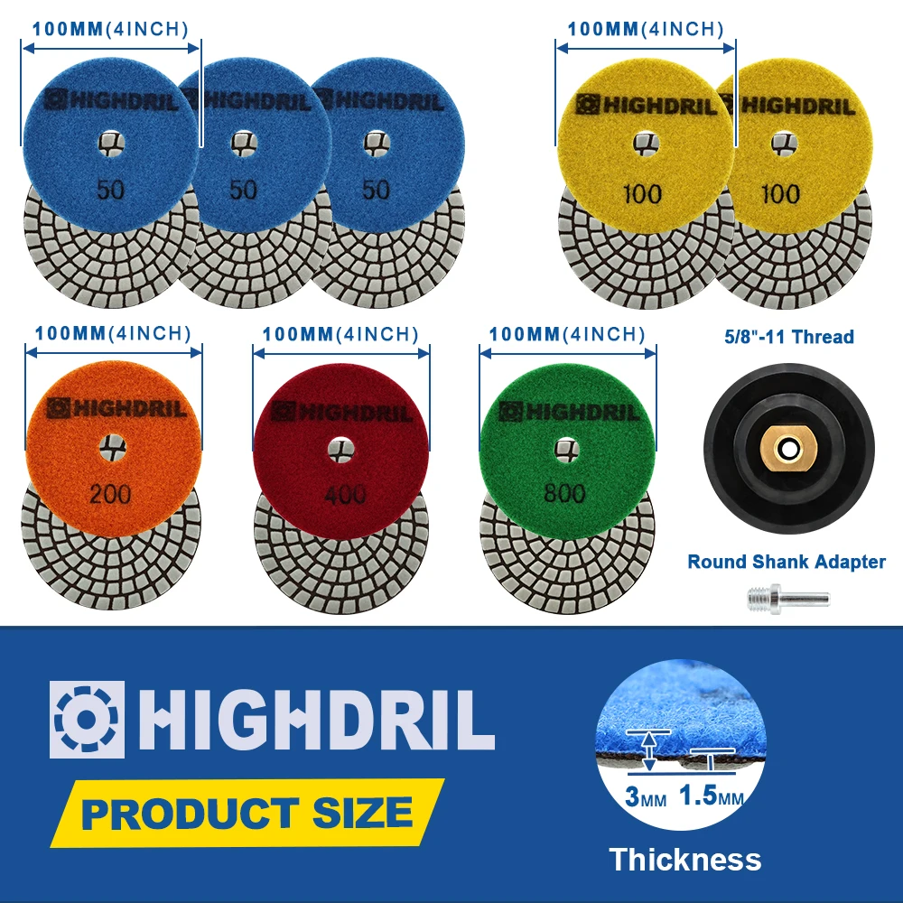 HIGHDRIL 8pcs Dia100mm Diamond Dry Polishing Pad 5/8
