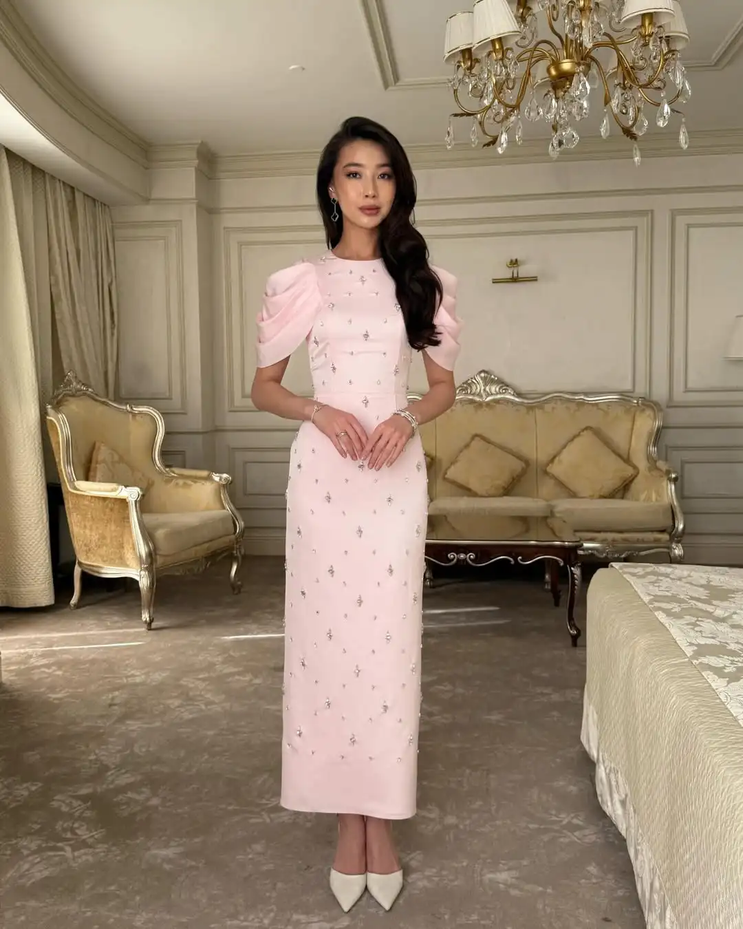 

Роскошное вечернее платье-русалка цвета пыльной розы для Рамадана, с круглым вырезом, расшитое кристаллами, с пышными рукавами, скромное платье для Ифтара и Ид.