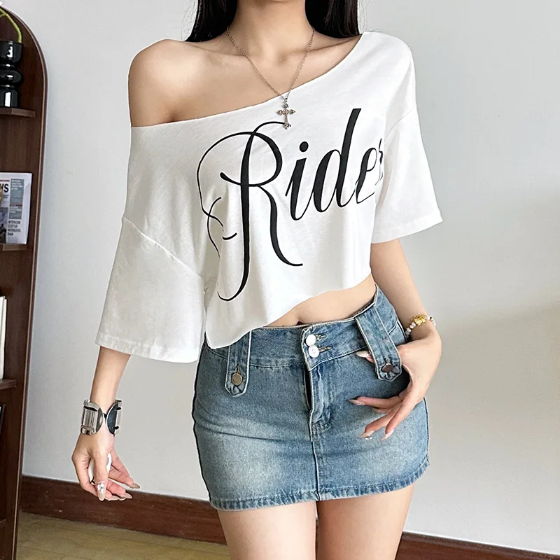 Sexy Shoulder Bared Print Short Sleeve Crop Top Women's Fashionable T-shirt Cross-Border Style Spring 2025 Cotton Material