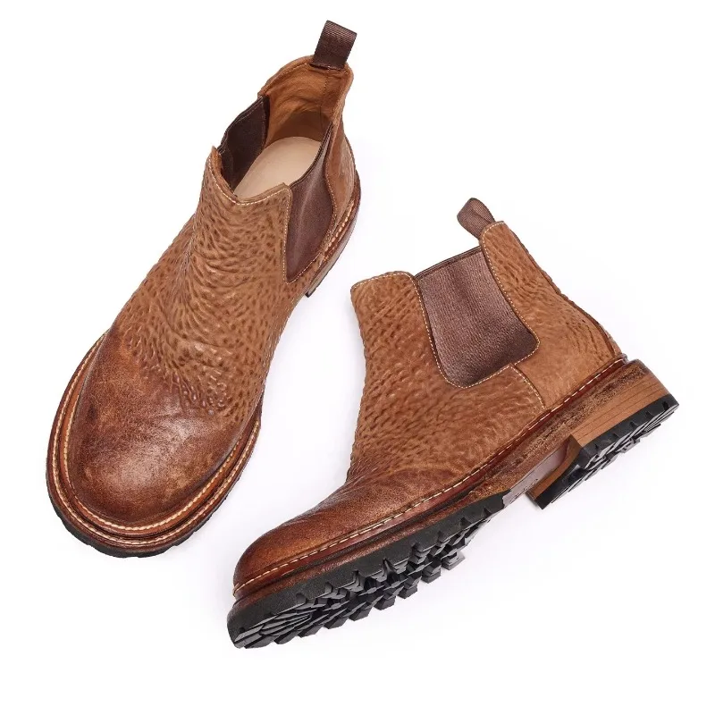 Handmade Vintage Cowhide Western Desert Boots Men's Casual Hiking Outdoor Non-slip Wear-resistant Chelsea Boots Male