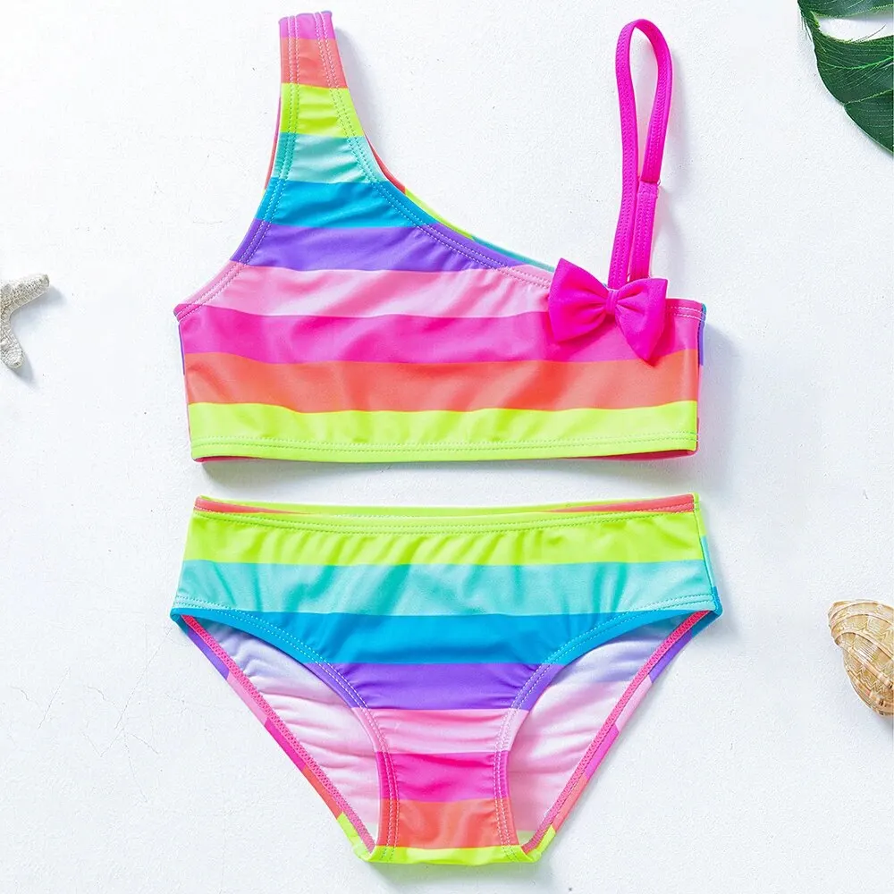 Set costume da bagno Bikini ragazza fiocco a righe arcobaleno