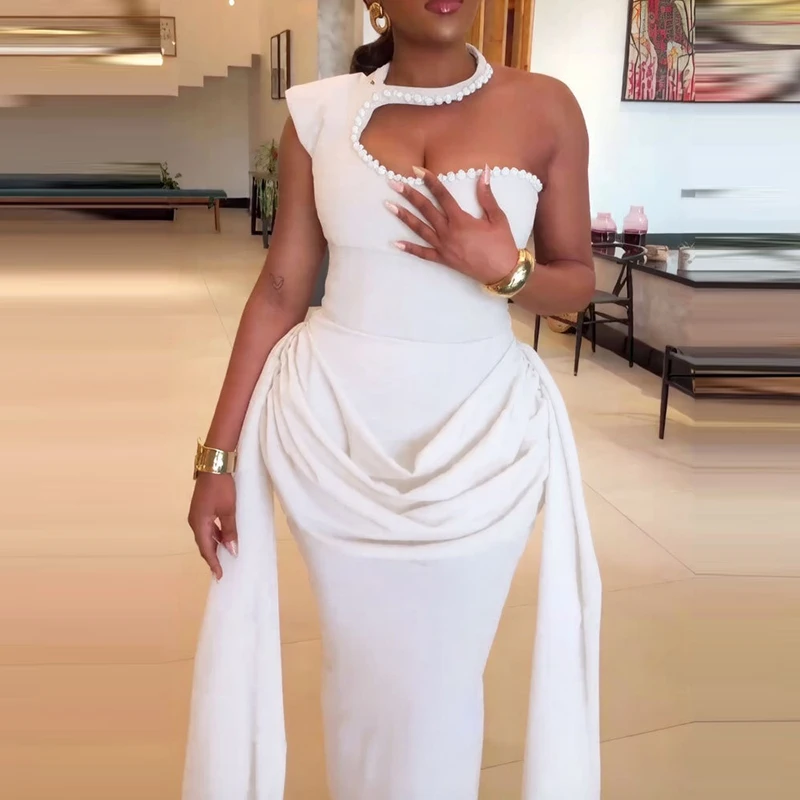 Sexy Single Shoulder Irregular Skinny Dress Women's Fashion Beaded Solid Long Dress Casual Sleeveless Hollow Slim Cocktail Gowns