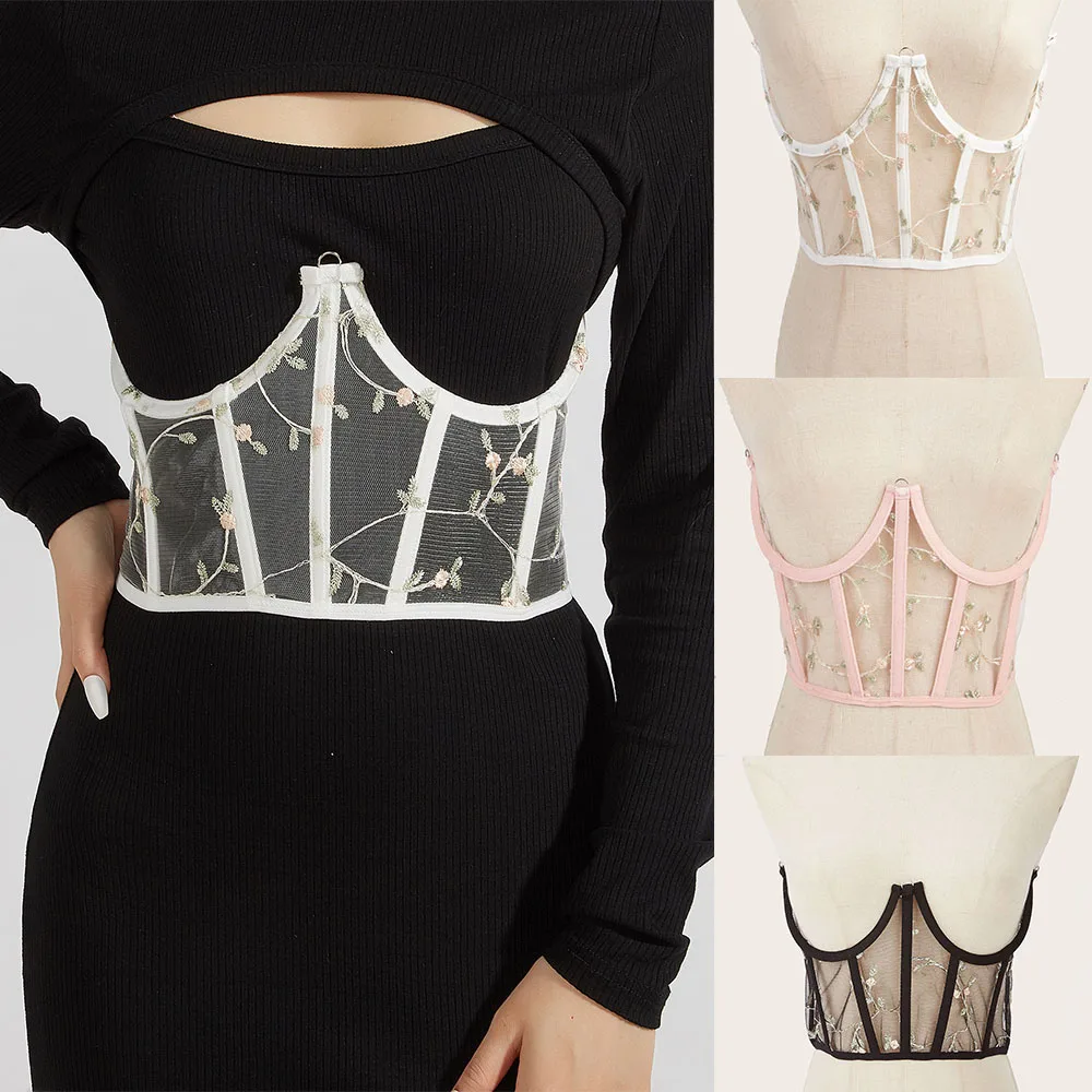 

Embroidery Floral Corset Wide Belt Bandage Underbust Women Slimming Body Shaping Girdle Belt Lace-Up High Waist Cummerbunds