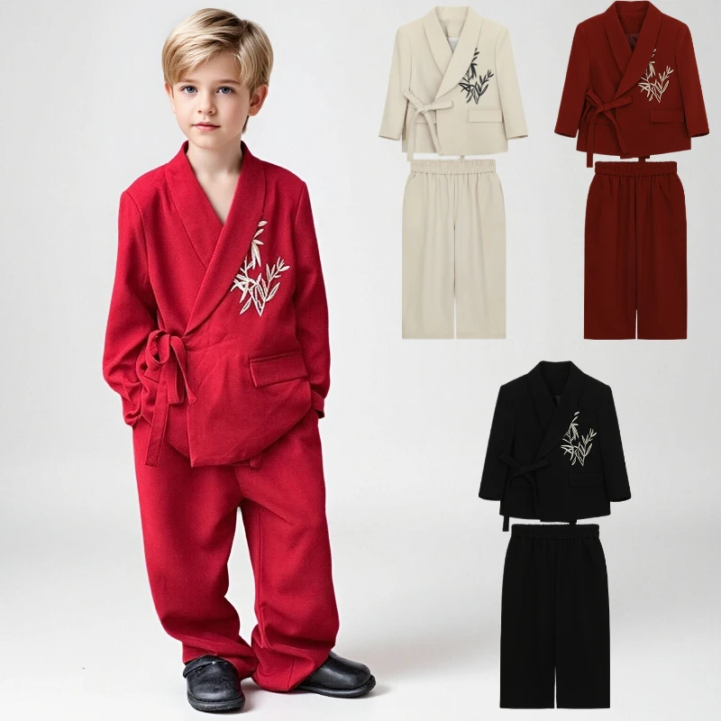 Boys Bamboo Embroidery Suit Set Formal Blazer with Tie & Wide Leg Pants Beige Kids Wedding Party Outfit Teen Performance Costume