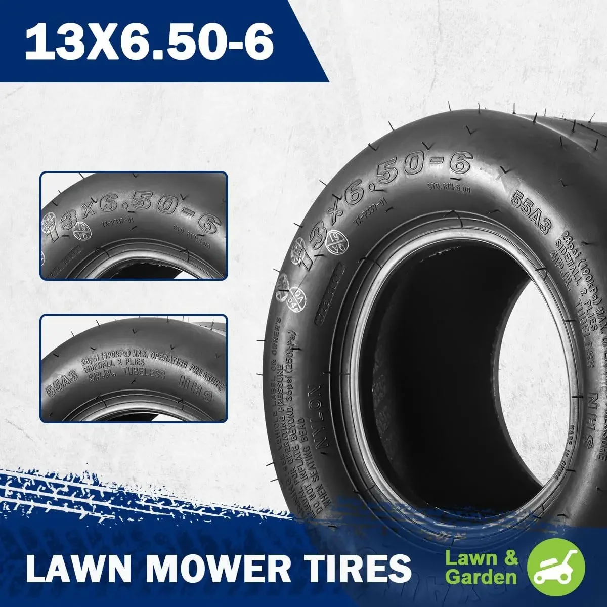 13X6.50-6 Tires, 13X6.50X6 Lawn Mower Tires, 13-6.50-6 Smooth Turf Tires, 13X6.5-6 Tractor Tire, 4PR Tubeless, Set of 2