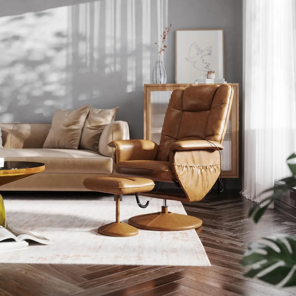 كرسي تدليك تشيلسي قابل للتعديل من الجلد الصناعي البني مع جيوب جانبية عميقة عثمانية من EMMA + OLIVER