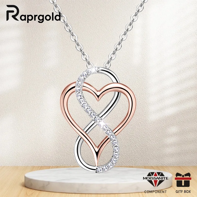 RAPRGOLD Certified Full Moissanite Heart Infinite Pendant Necklace for Women 925 Sterling Silver Chain Fine Jewelry Gift Collare
