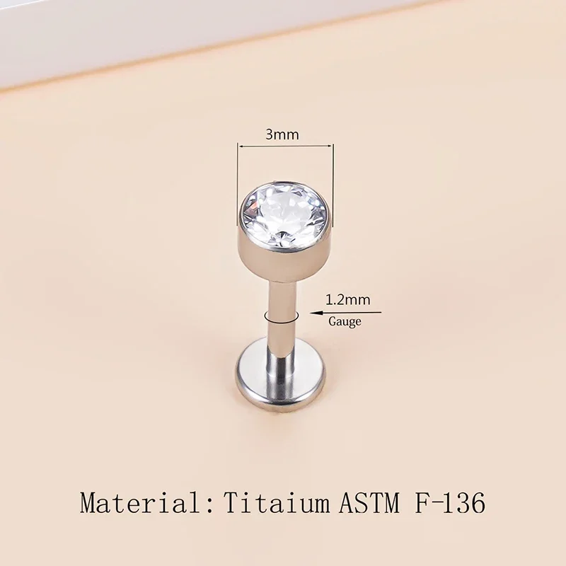 ASTM F136 Titanium  ear studs Labret Stud CZ Round Tragus Lip Ring Ear Cartilage Earring Piercing Lip Stud Body Jewelry Piercing