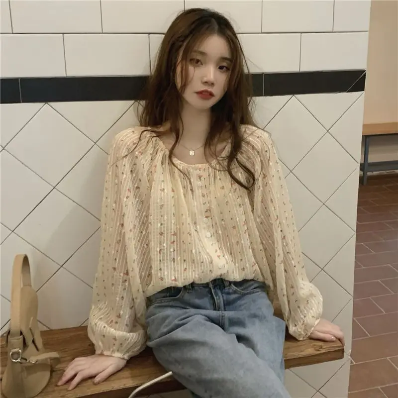 Temperament Floral Loose Blouse Summer New Long Sleeve Button All-match Printing Korean Shirt Tops Fashion Sweet Women Clothing