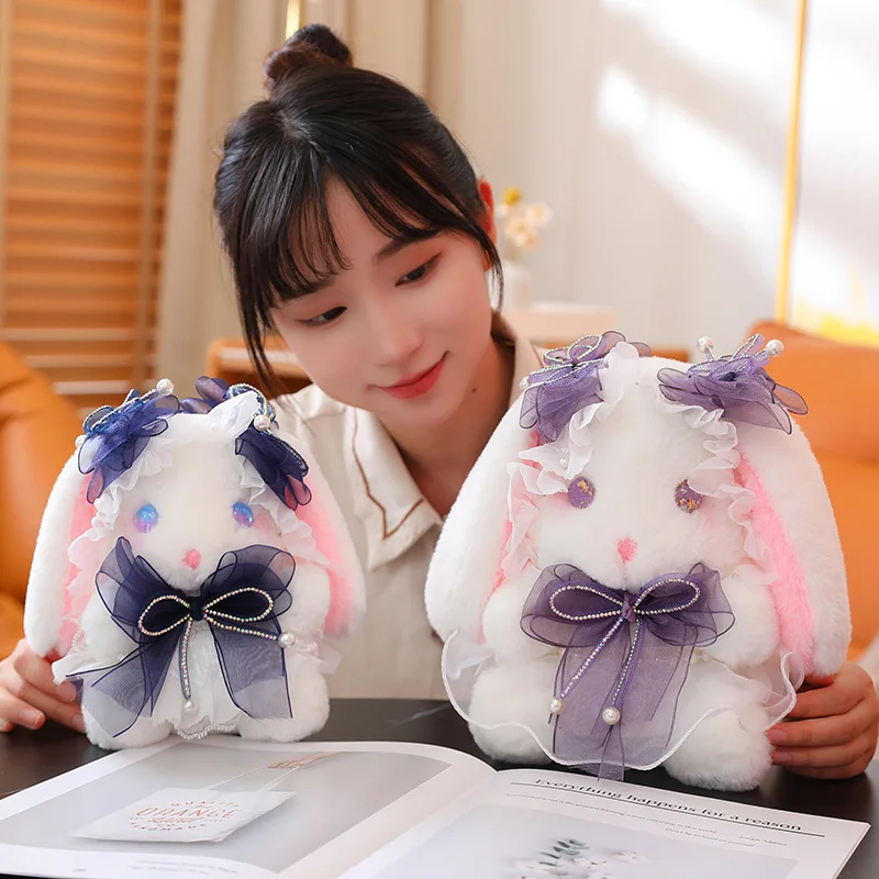 Kawaii Lolita Dressing Bunny Plush Toy Stuffed Unique Eyes Lace Rabbits Cuddly Plushies Bow-knot Doll For Girl Birthday Gift