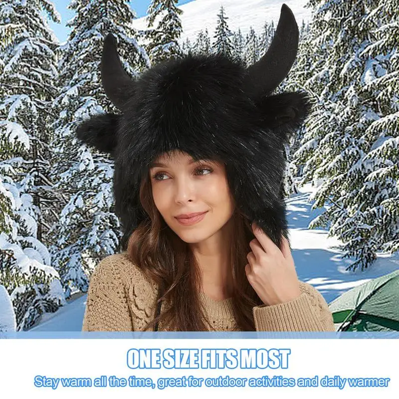 Bison Hat Plush Earflap Hat with Horns Fluffy Ear Headwear for Halloween Party Cosplay Props Winter Furry Plush Snow Trapper Hat