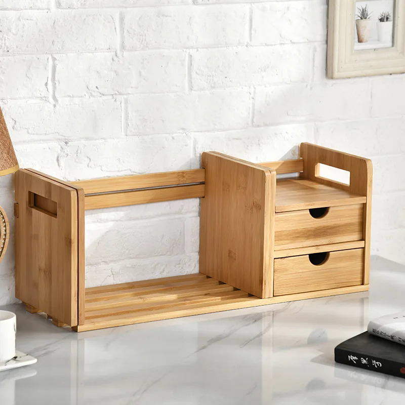Bamboo Telescopic Book Shelf with Drawer, Desktop Bookcase, Table Book Rack, Bookshelves, Bookcase Organizer,Furniture