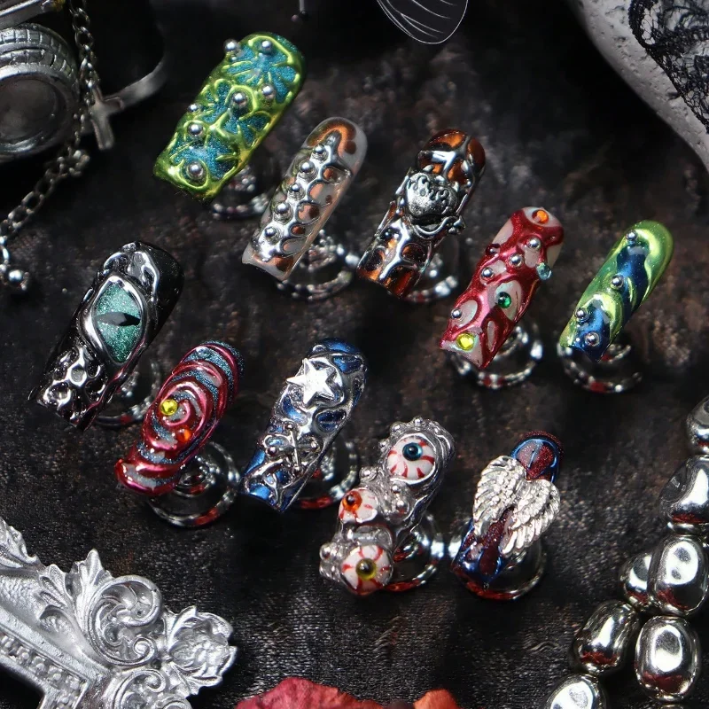 

10pcs Square Press On Nails Handmade Y2K,Green,Orange,Royalblue,Red,Light Green,Silver,3d Three-Dimensional Decoration Metal Element,Eye,Star,Wing,Bean,Junk Pink Full Coverage Metallic Nails Press On Fake Set,European Style Nail Art Suitable For Music Fes