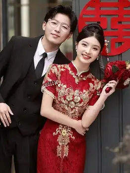 2024年新款紅色改良旗袍敬酒服中式婚紗訂婚婚禮服春秋季女士旗袍 8 最佳銷售 女式旗袍 - №6