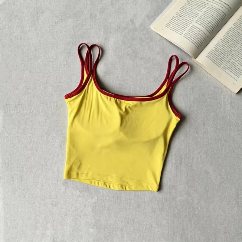 U‑Shape Back Double Thin Sling Yoga Vest for Women Nude Feel Contrast Color Quick‑Dry Sports Bra Gym Pilates Workout Athletic