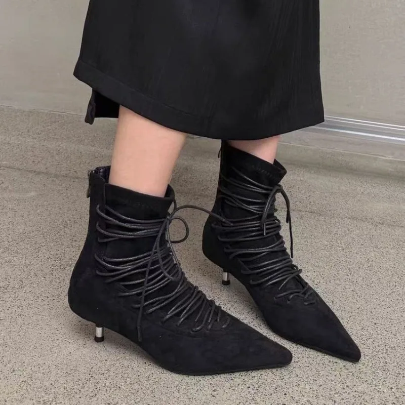 

Women Shoes Low Heels Fashion Ankle Boots Woman Autumn 2025 New Sexy Dress Suede Lace Up Pointed Toe Goth Designer Botas Mujer