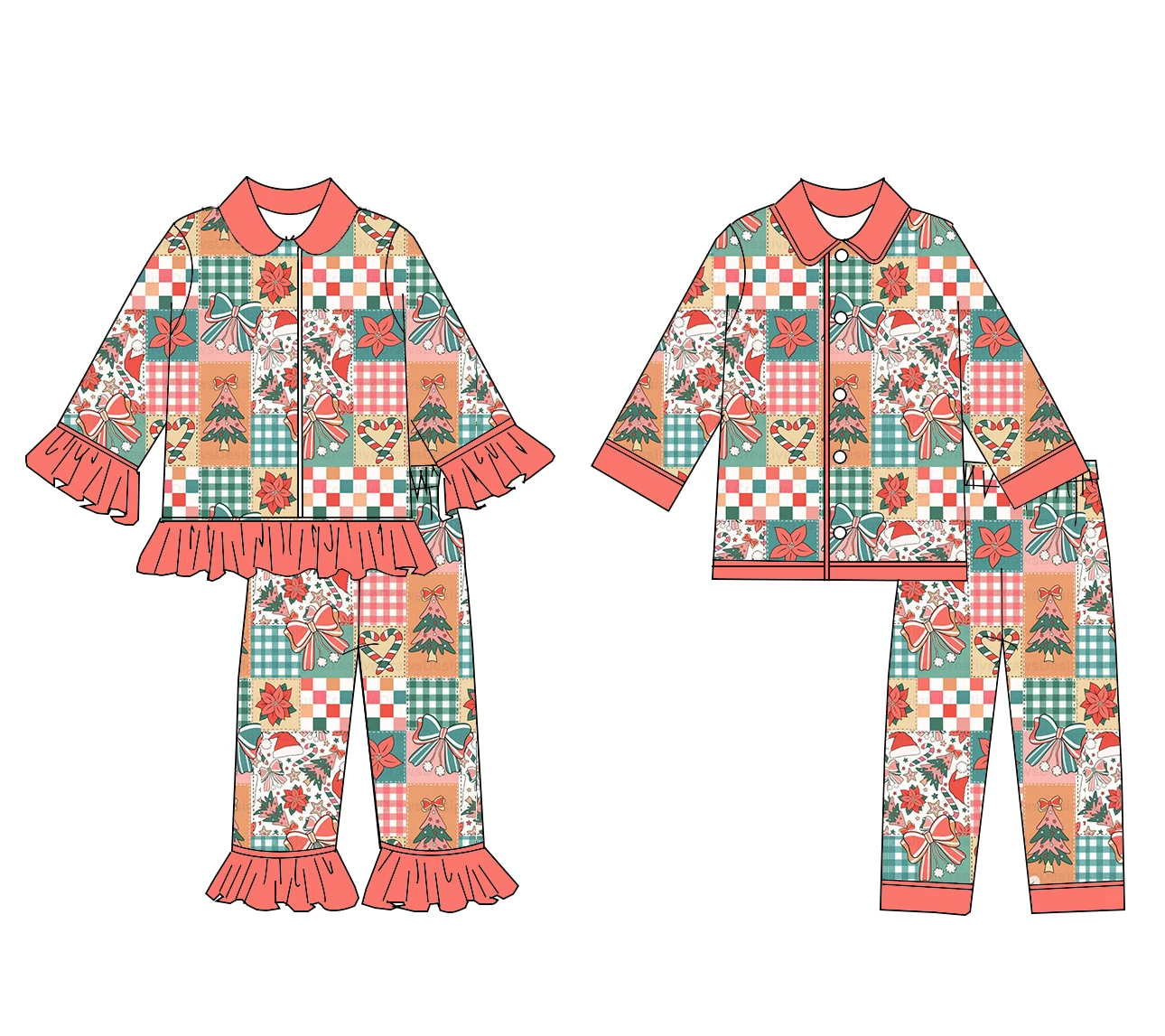 Boutique Hot-Selling Girls' Boys' Outfit Lapel Long-style with Ruffled Button Christmas Flowers Bow Print Custom Wholesale