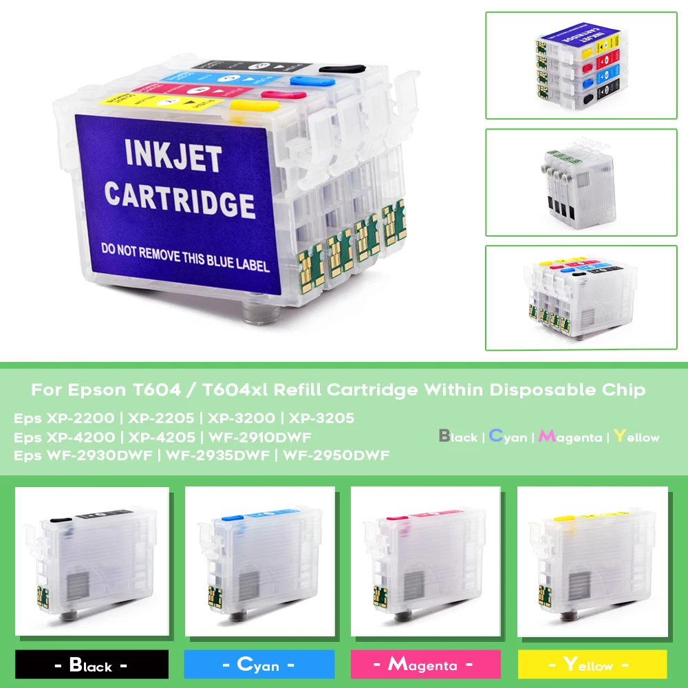 Europe 604 604XL Refillable Ink Cartridge With Chip For Epson XP-2200 XP-2205 XP-3200 XP-3205 4200 4205 WF-2910 2930 2935 2950