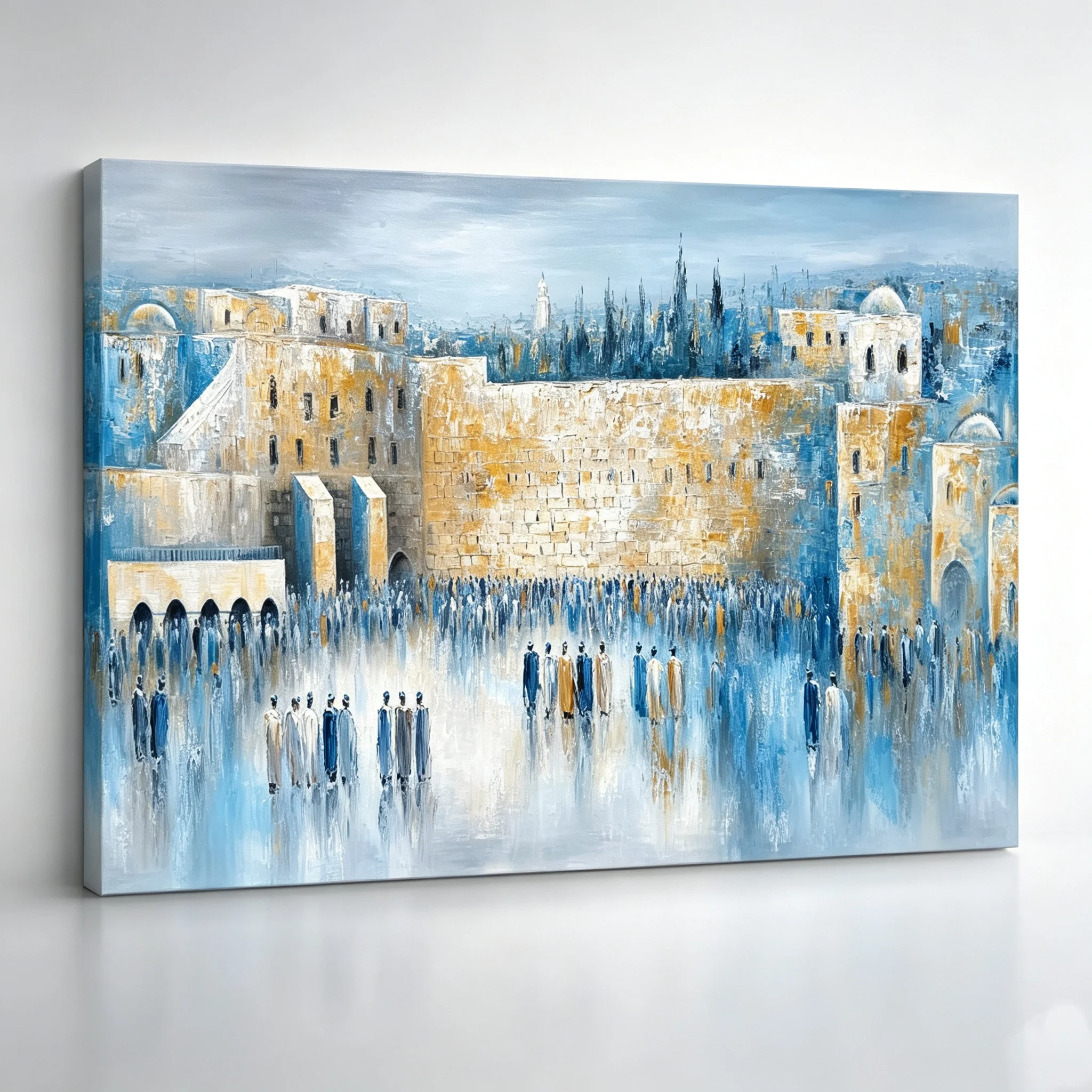 Large Dreamy Blue Gold Jerusalem Canvas Print HD Kotel Prayers Abstract Holy City Spiritual Jewish Home Decor for Living Room