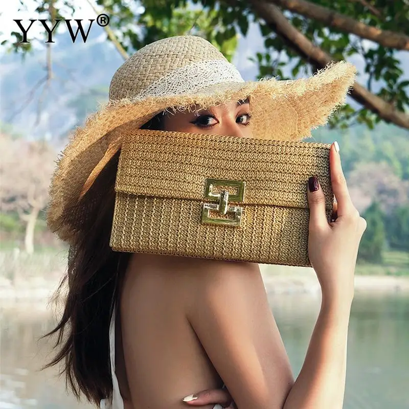 

Fashion Evening Bag Weave Clutch Bags Woman Handbag Simple Solid Straw Clutch Bag Summer Casual Vacation Large Purse Woman