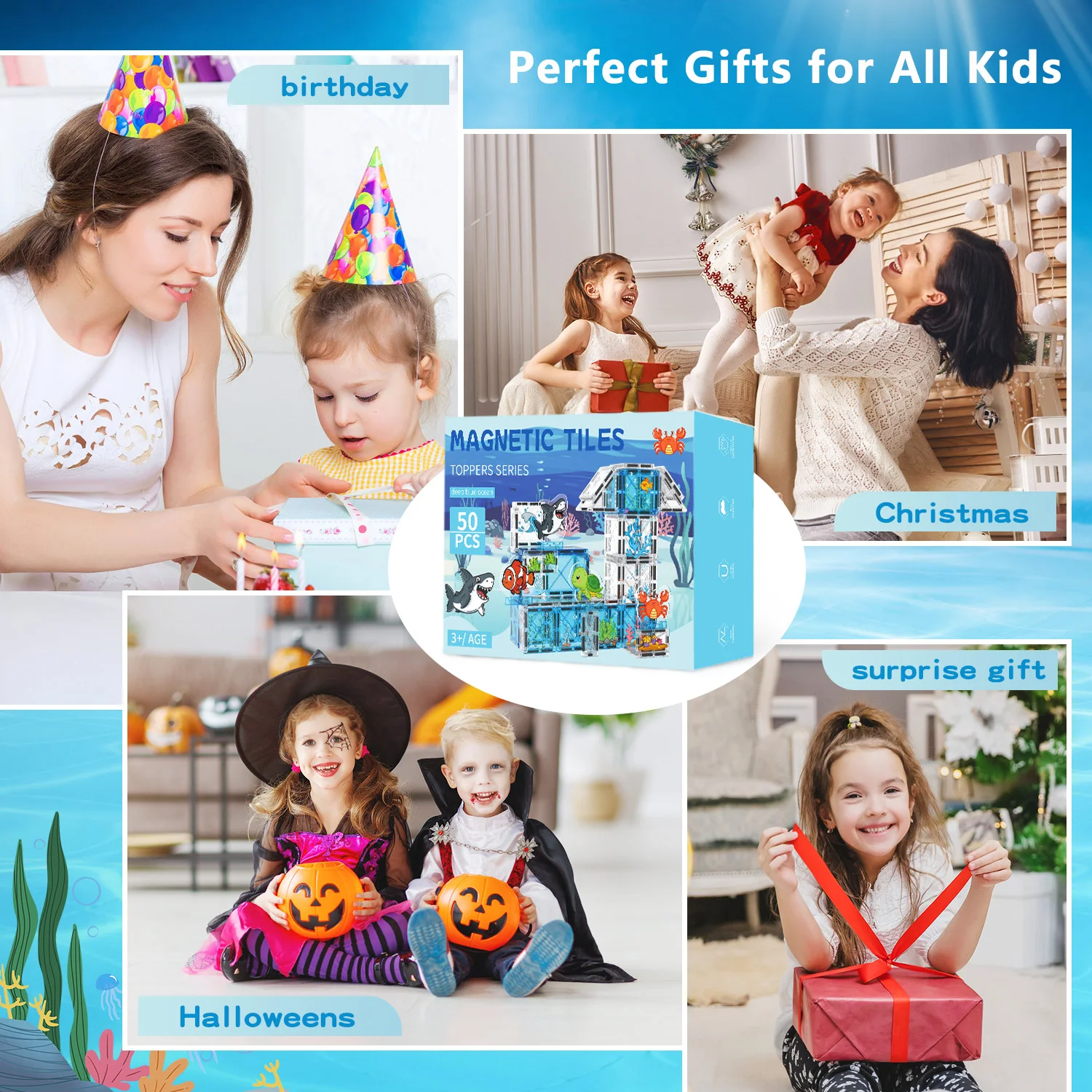 Magnetic building blocks for children, ocean animal scene, colorful geometric shapes, suitable for learning - Christmas gift