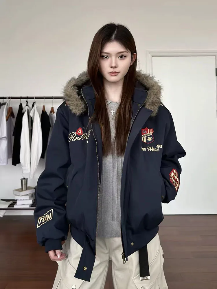 American Embroidered Badge Parker Women Winter Thick Warm Fur Splicing Punk Coats Y2K Harajuku Streetwear Loose Couple Outerwear