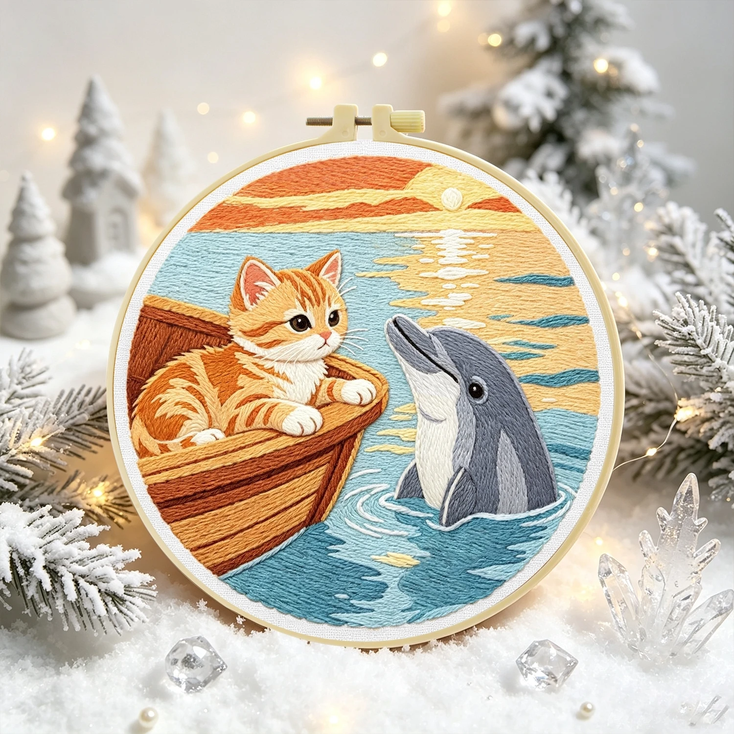1Set Cat Boat Dolphin Sunset Diy Embroidery Kit For Beginner Embroide Starter Kit Cross Stitch Art Gift Needlework Craft
