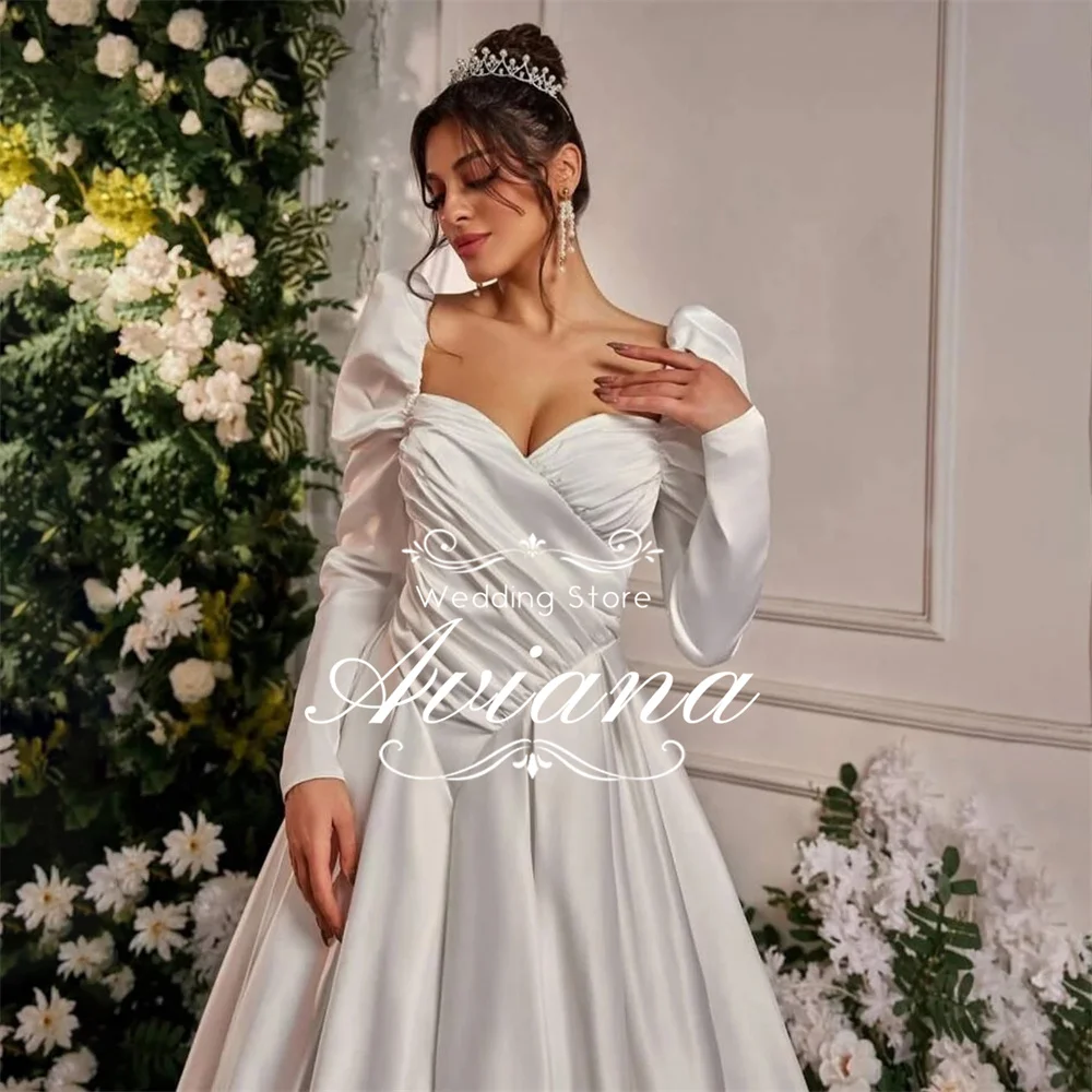 Customized Aviana Sweetheart Neckline Puffed Long Sleeves Satin Ball Gown Wedding Dress Long Train Bridal Gown Elegant Handmade