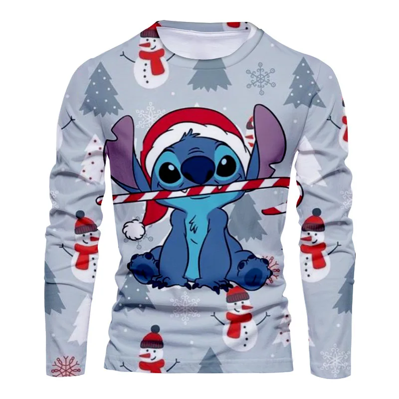

New Christmas New Disney brand. Stitch and Mickey Anime 3D Printing Fashion Casual Trend Men's Round Neck Long Sleeve T-Shirt