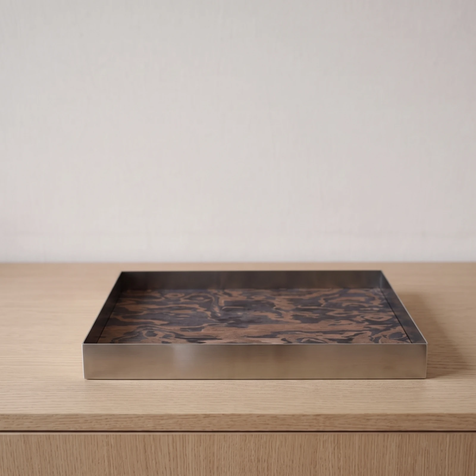 Tray with Wood-Grain Interior Silver Stainless Steel Tray Serving Platter Decorative Long-Lasting for Coffee Table, Entryway