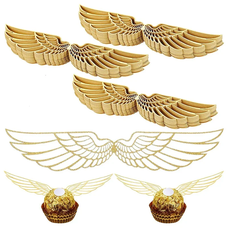 50Pcs Wizard Party Cake Wings Chocolate Cake Golden Decor Wings With Glue Point For Birthday Wizard Fans Wedding Party Supplies