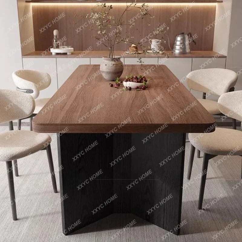 Medieval solid wood dining table North black walnut wood grain rock slab dining table