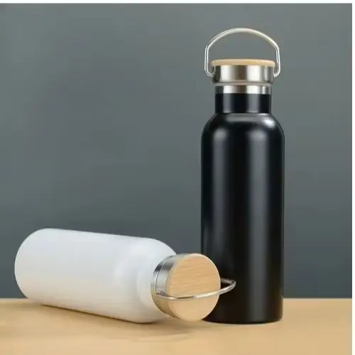 Termo de acero inoxidable con doble pared, botellas de agua de viaje con aislamiento al vacío, termo con tapa de bambú, hervidor para ciclismo, Camping y senderismo