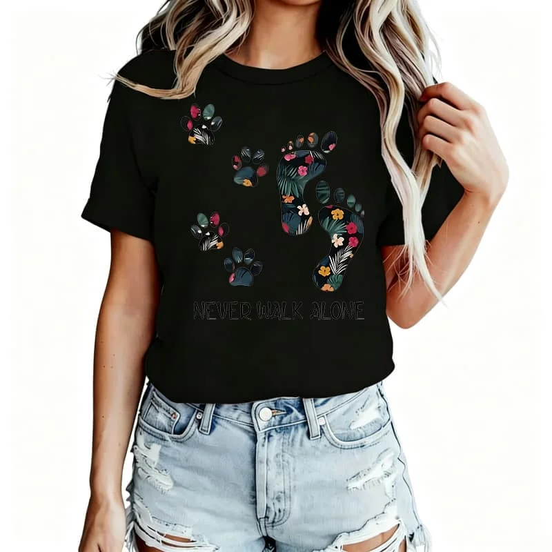 Dog Paw & Human Footprint Women's T-Shirt 100% Cotton Funny Graphic Short Sleeve Tee Novelty Shirt Casual Crew Neck Top S-5Xl