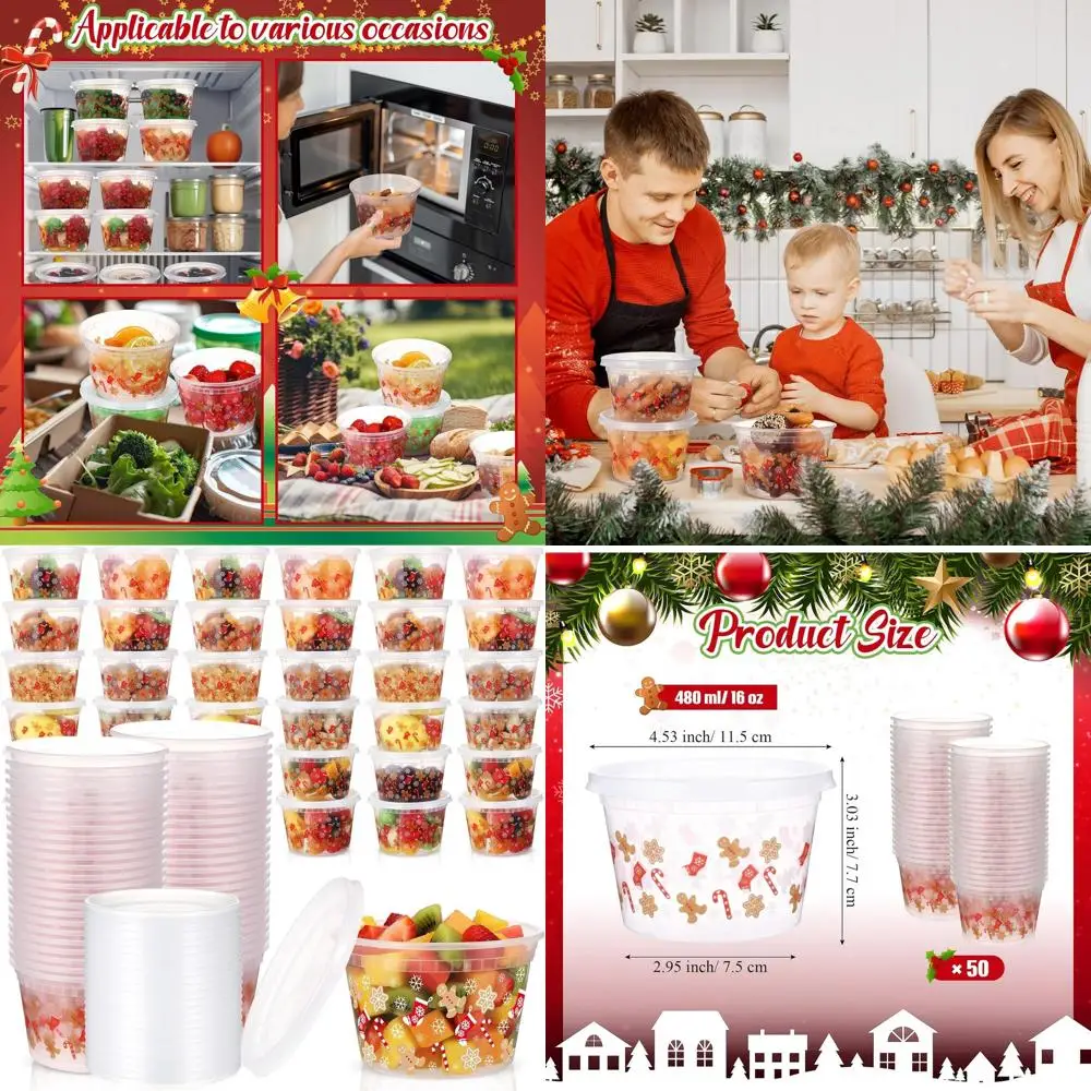 

Set of 50 Christmas Food Storage Containers with Lids, 16 oz Plastic Lunch Boxes for Holiday Treats, Ideal for Soup, Ice Cream,