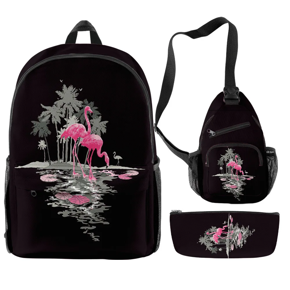 Harajuku Novelty Cool Flamingo 3D Print 3pcs/Set pupil School Bags Travel Laptop Backpack Chest Bag Pencil Case