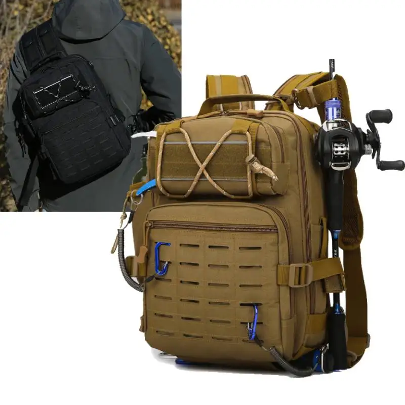 

Fishing Backpack with Rod Holders Tactical Chest Bag Lure Organizer Storage Rucksack Outdoor Molle Sports Bag Hiking Pouch