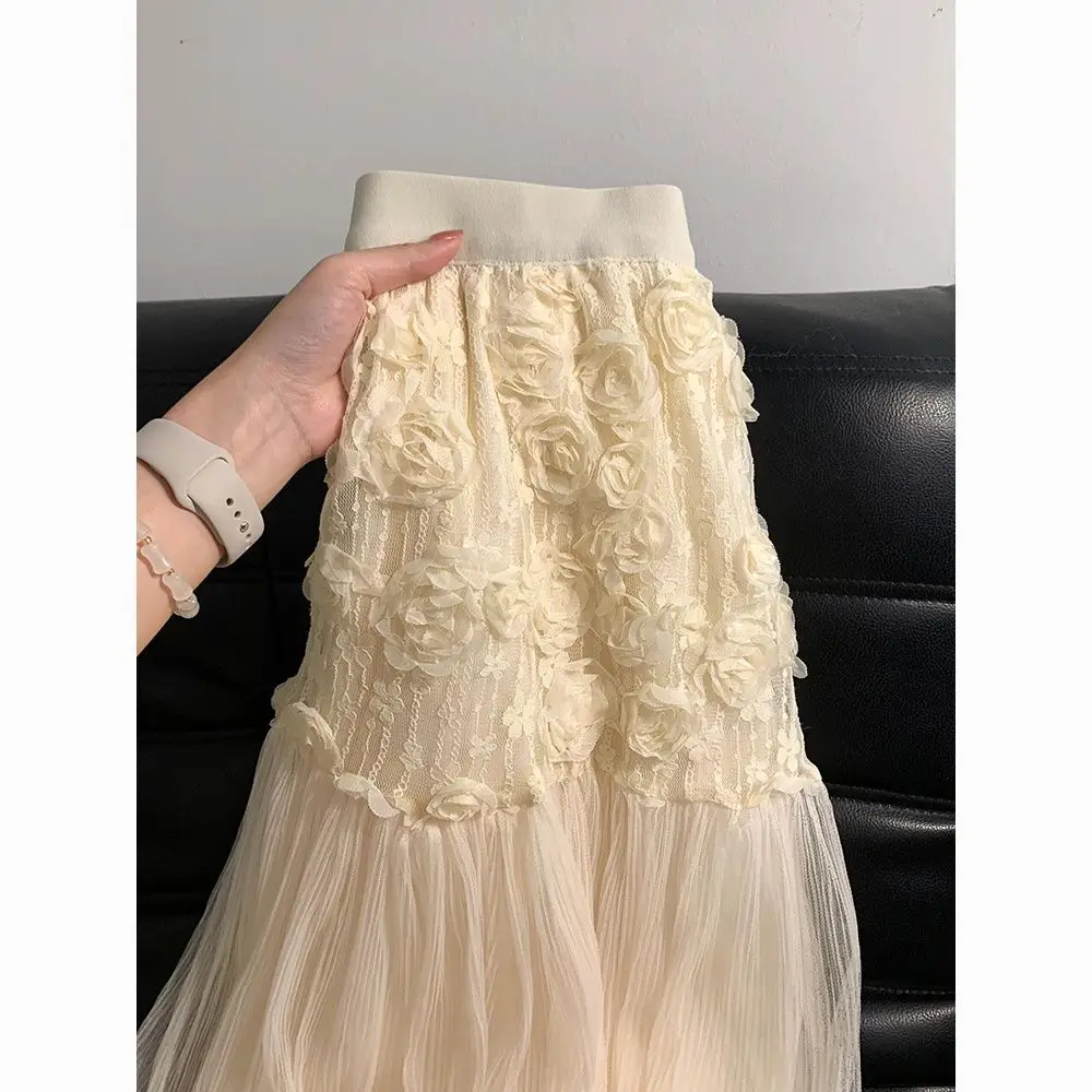 ฤดูใบไม้ผลิฤดูใบไม้ร่วงผู้หญิงโรแมนติกหวานสุภาพสตรีAppliqueดอกไม้พับกระโปรงลูกไม้สีเบจ, 2025 ฤดูร้อนใหม่ผู้หญิงRufflesกระโปรงตาข่ายยาว