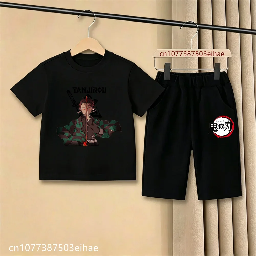 Demon Slayer Anime New Arrival Kids T-Shirt Casual Shorts Ghost Blade Pattern Summer Boys Girls Daily Two Piece Clothes Set