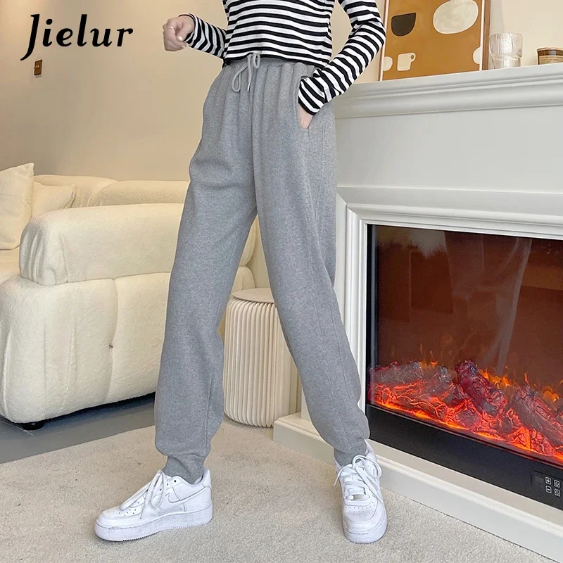 Jielur-Pantalones deportivos de Color puro para mujer, pantalón de chándal con bolsillo, Color negro, estilo Preppy, moda femenina, Otoño e Invierno