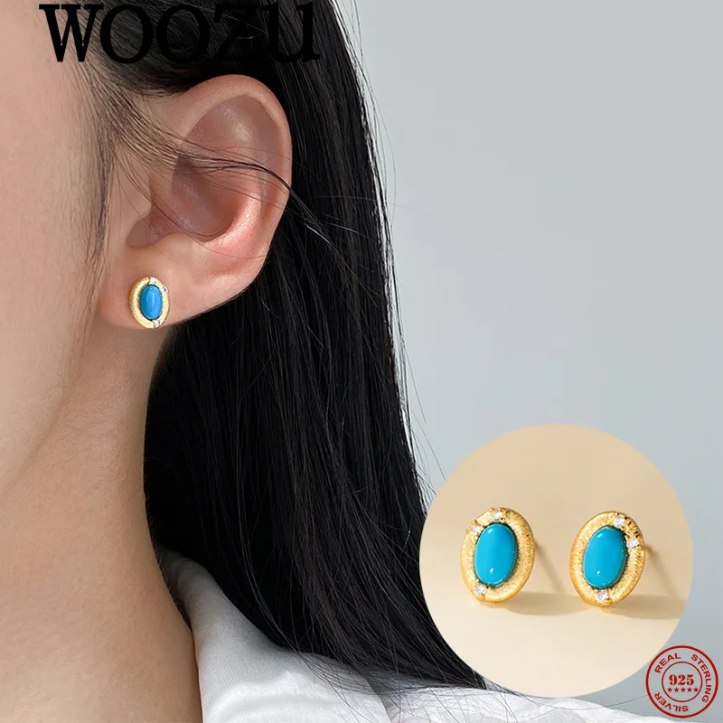 

WOOZU 925 Sterling Silver Vintage Elegant Blue Zircons Stud Earrings for Women Banquet Temperament French Fashion Fine Jewelry